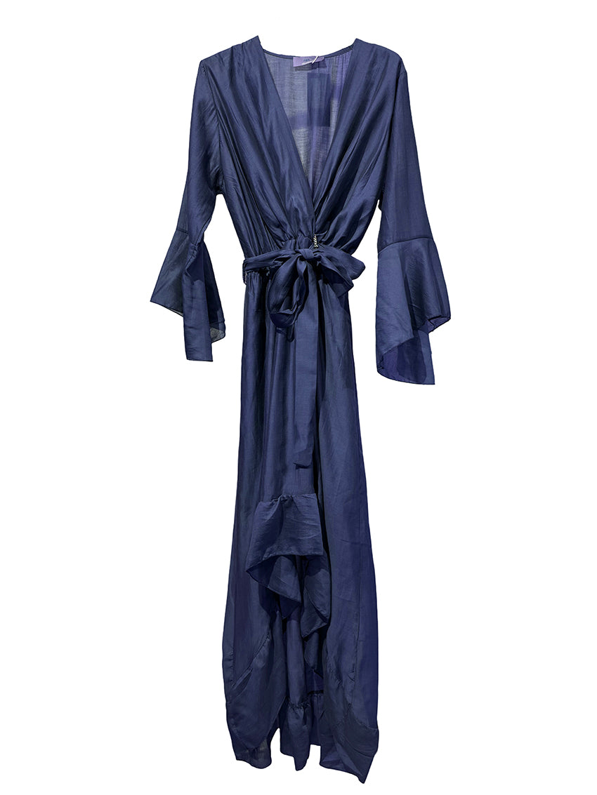 Navy blue dress with ruffled sleeves on a white background