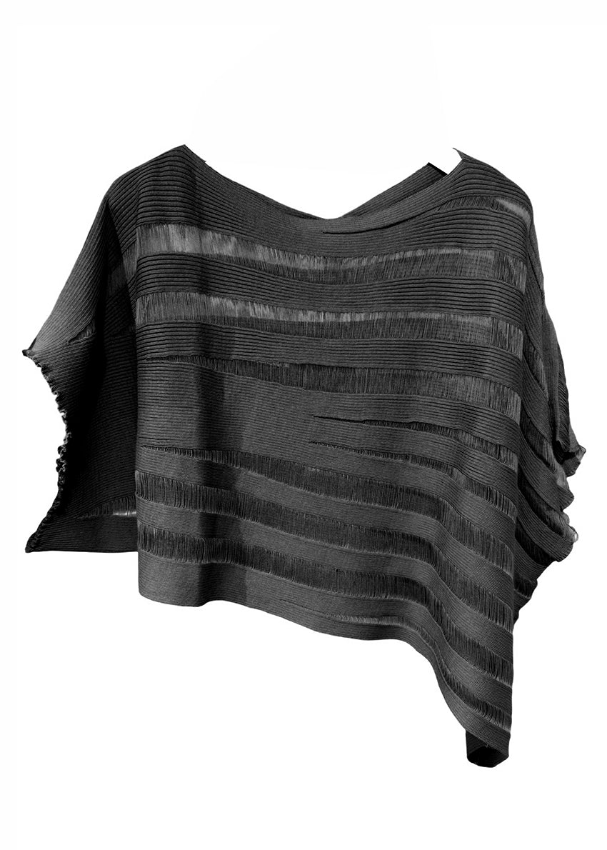Black poncho with striped pattern on a white background