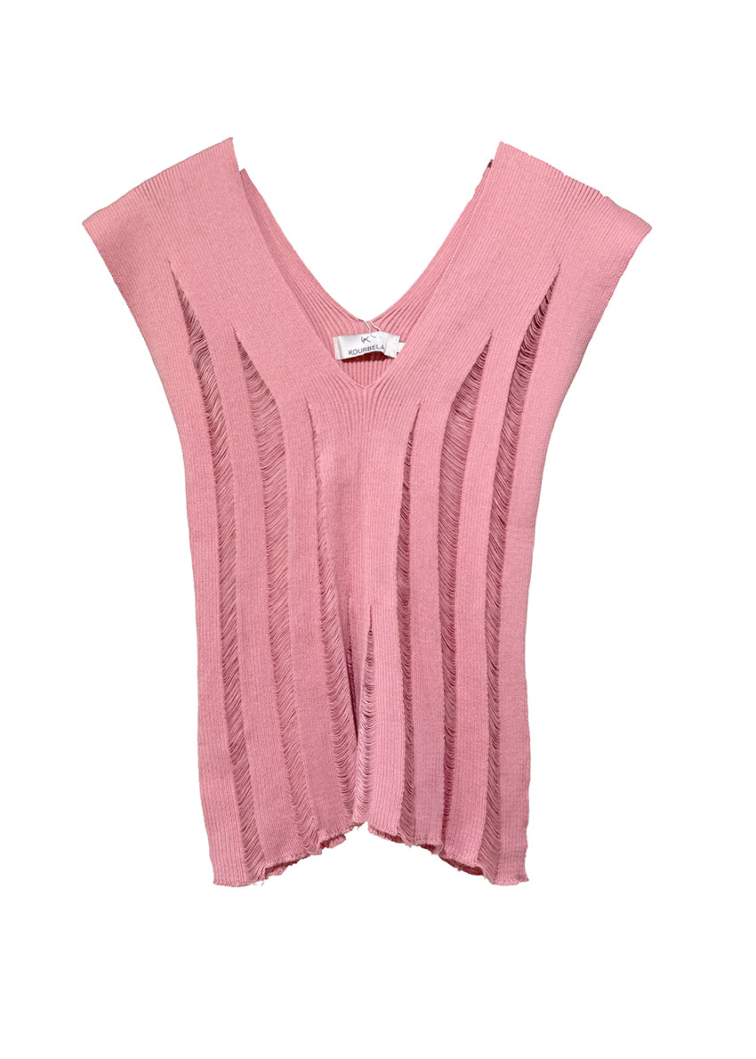 Pink sleeveless top with a V-neck on a white background