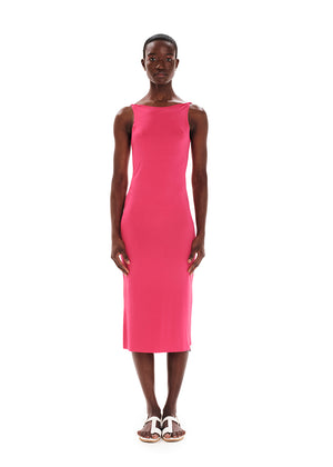 Midi sleeveless pink dress with twisted shoulders made of elastic EcoVero viscose in a fitted silhouette.
It features a round neckline.