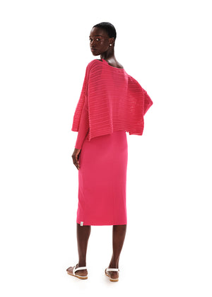 Midi sleeveless  pink dress with twisted shoulders made of elastic EcoVero viscose in a fitted silhouette.
It features a round neckline.