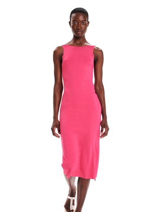 A model wearing a pink sleeveless midi dress with a round neckline and twisted shoulders.