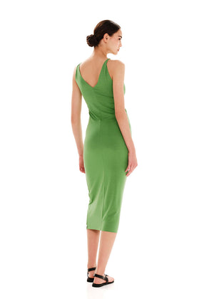 Midi sleeveless green dress with twisted shoulders made of elastic EcoVero viscose in a fitted silhouette.
It features a round neckline.