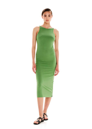 Midi sleeveless green dress with twisted shoulders made of elastic EcoVero viscose in a fitted silhouette.
It features a round neckline.