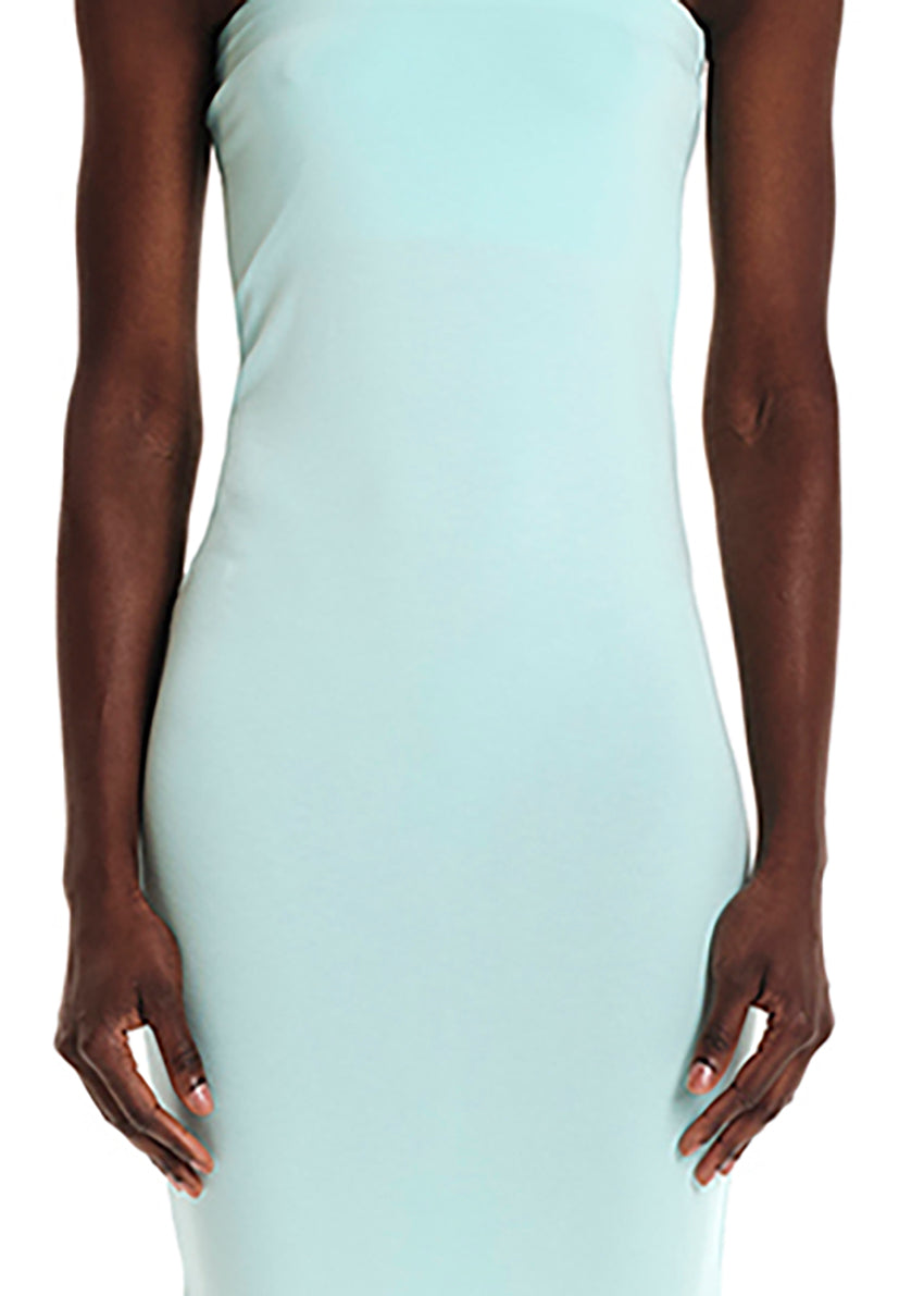 Midi sleeveless dress with twisted shoulders made of elastic EcoVero viscose in a fitted silhouette.
It features a round neckline.