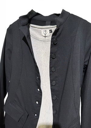 Black button-up shirt with a gray sweater underneath on a white background