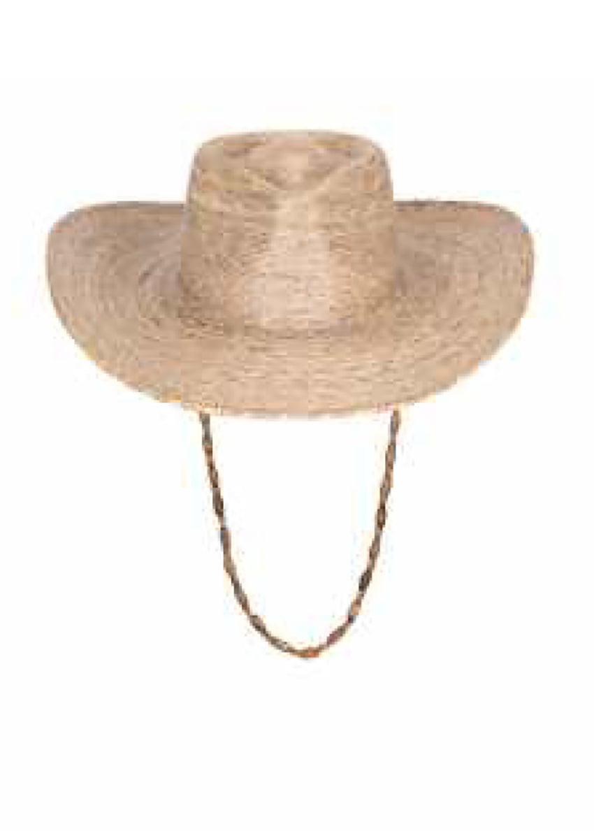 Straw hat with a wide brim and rope handle on a white background