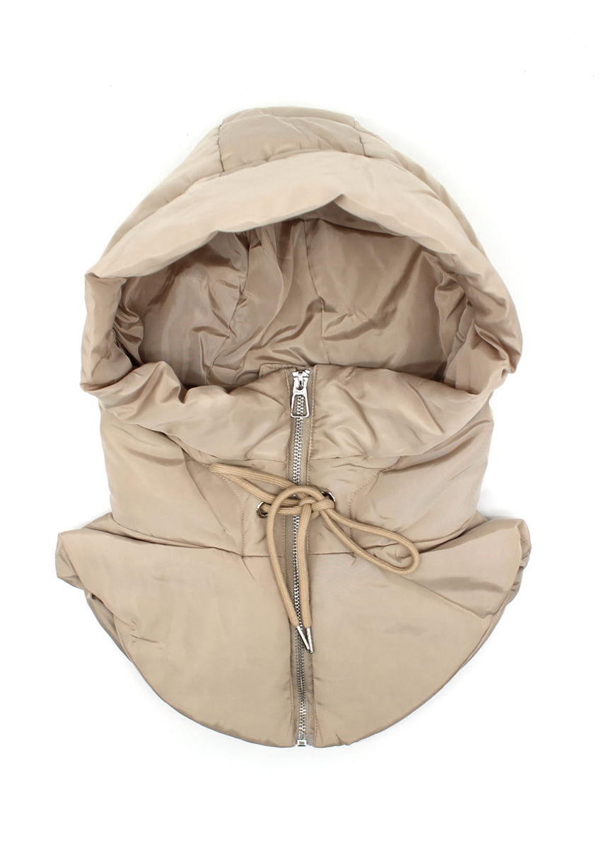 A beige hoodie with a zipper and drawstring closure, displayed on a white background.