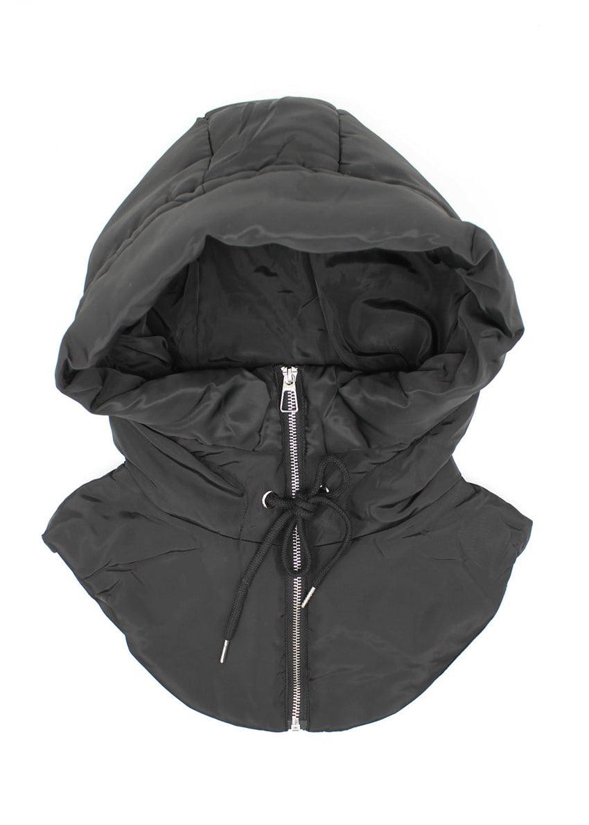 A black hoodie with a zipper and drawstring closure, displayed on a white background.