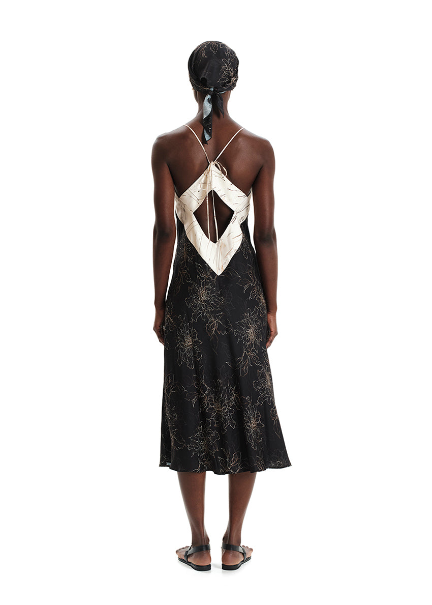 A model wearing a midi-length sleeveless dress with a floral print, a V-neckline, and tie details on the back.
