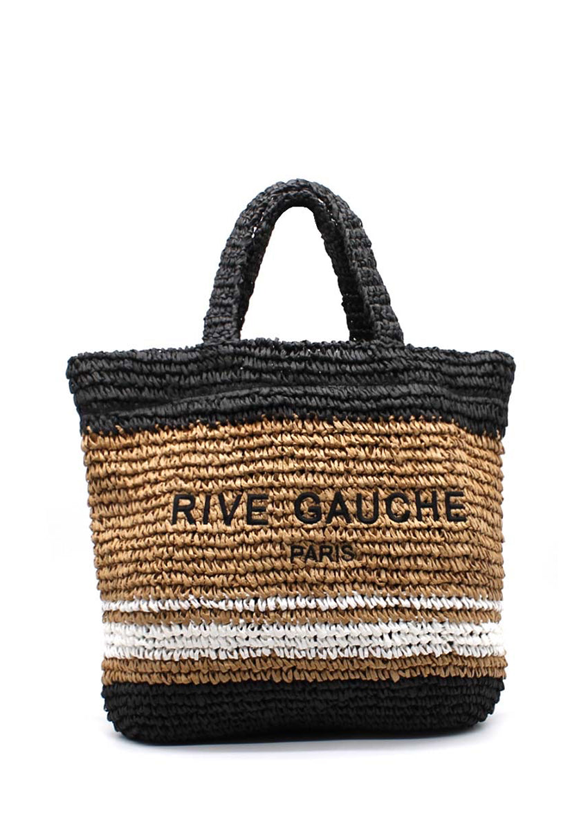 Woven bag with 'RIVE GAUCHE PARIS' text on a white background