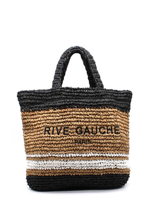 Woven bag with 'RIVE GAUCHE PARIS' text on a white background