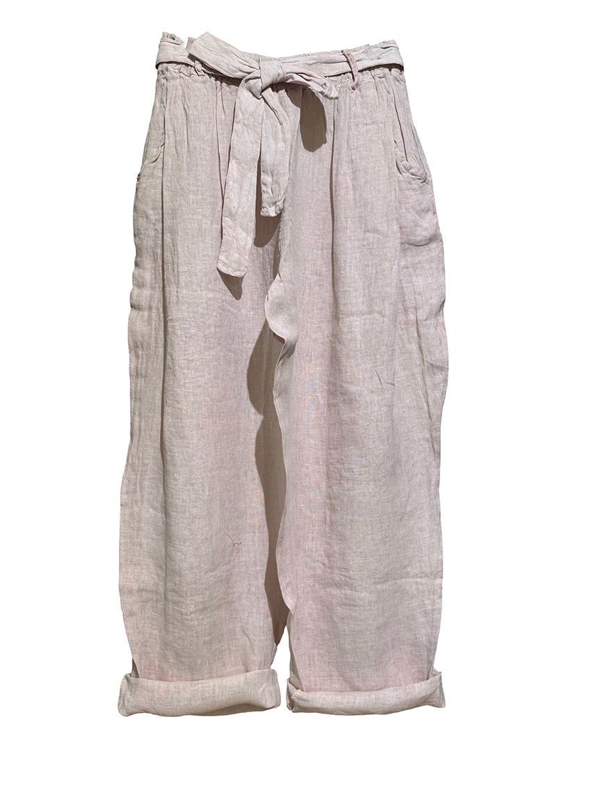 Rose beige linen pants with a tie waist on a white background