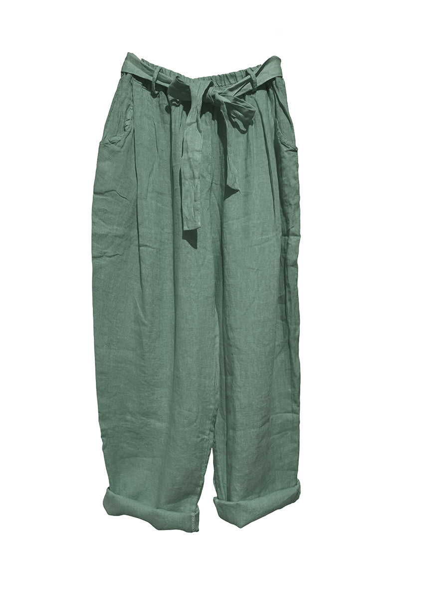 A pair of dark olive green linen pants with an adjustable tie-waist design.
