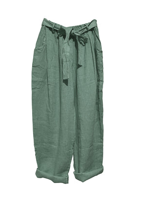 A pair of dark olive green linen pants with an adjustable tie-waist design.