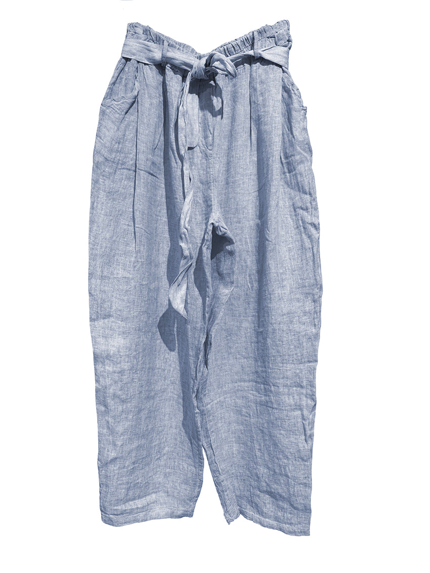 Blue striped pants with a tie waist on a white background