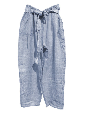 Blue striped pants with a tie waist on a white background