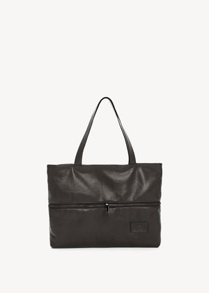 Black tote bag made of artificial leather with shoulder handles and a metallic zipper closure at the top. It features an exterior zipper for size adjustment and an inner pocket with a zipper.