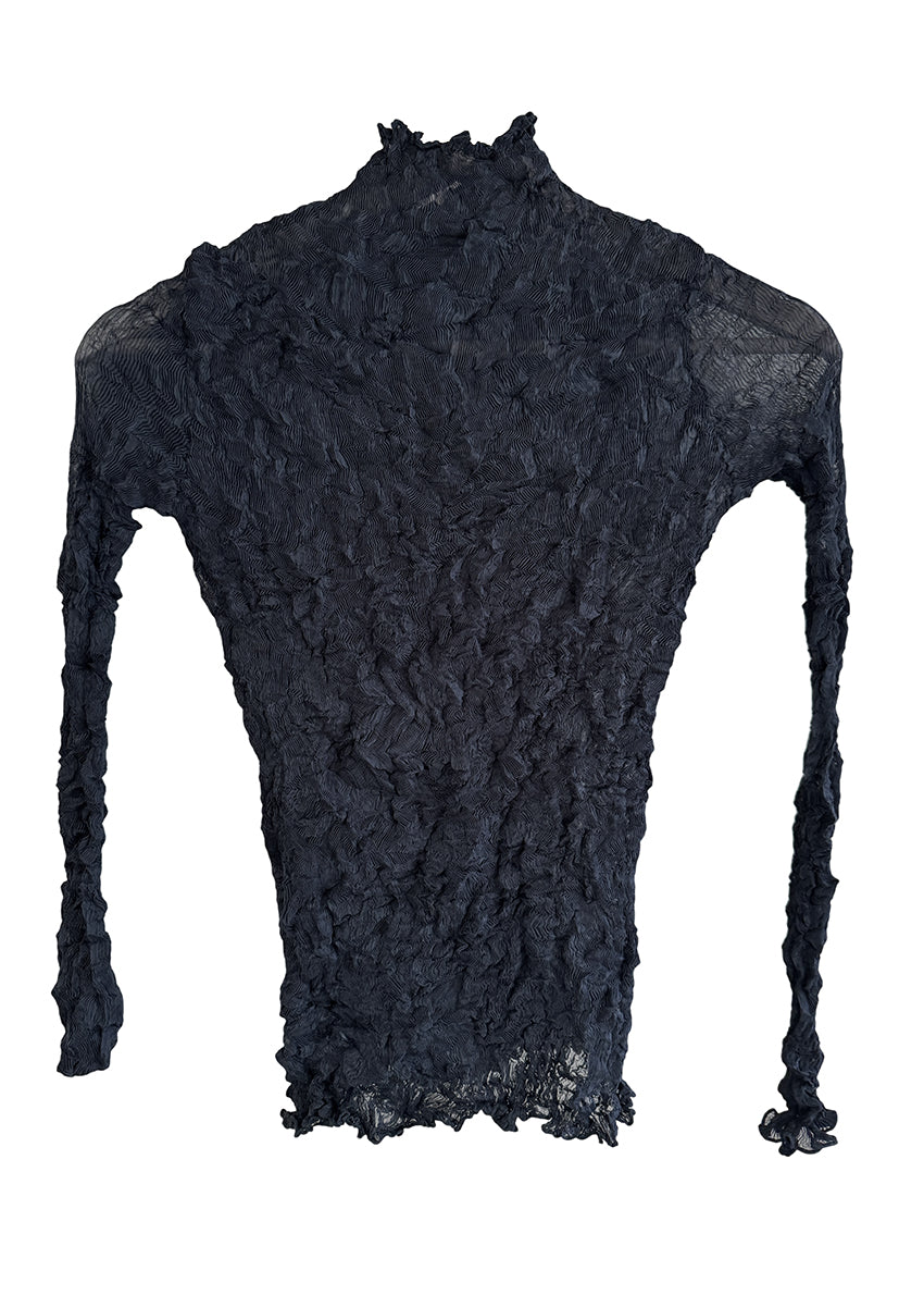 A black, elastic textured, semi-transparent long-sleeved top