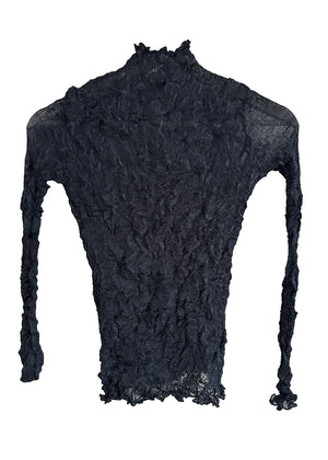 A black, elastic textured, semi-transparent long-sleeved top