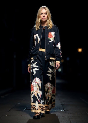 Woman wearing a dark outfit with floral patterns on a dark background