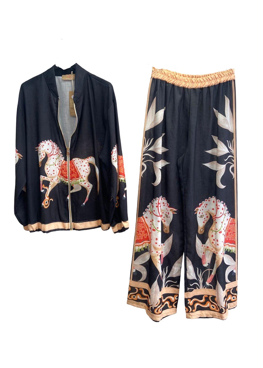 Black outfit with horse print on a white background