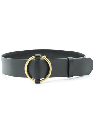 Black leather belt with gold buckles on a white background 