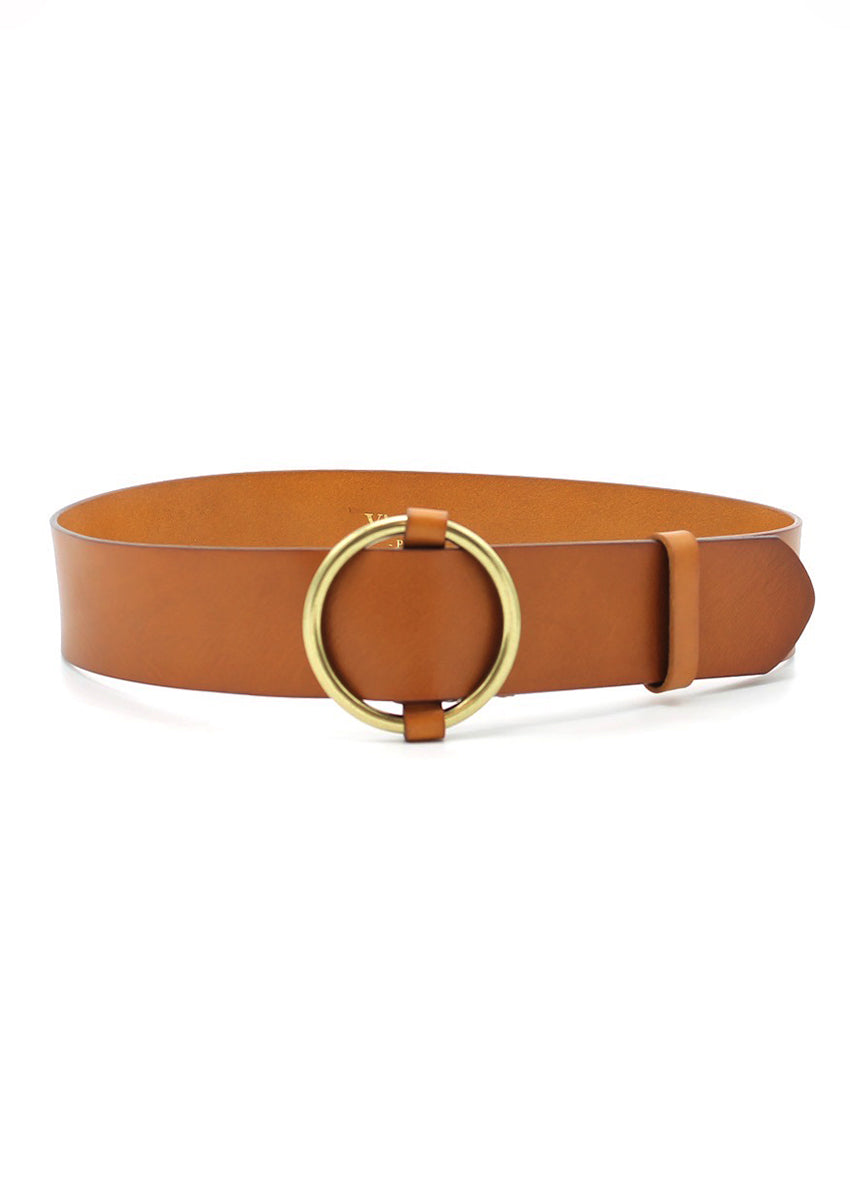 Brown leather belt with gold buckles on a white background 