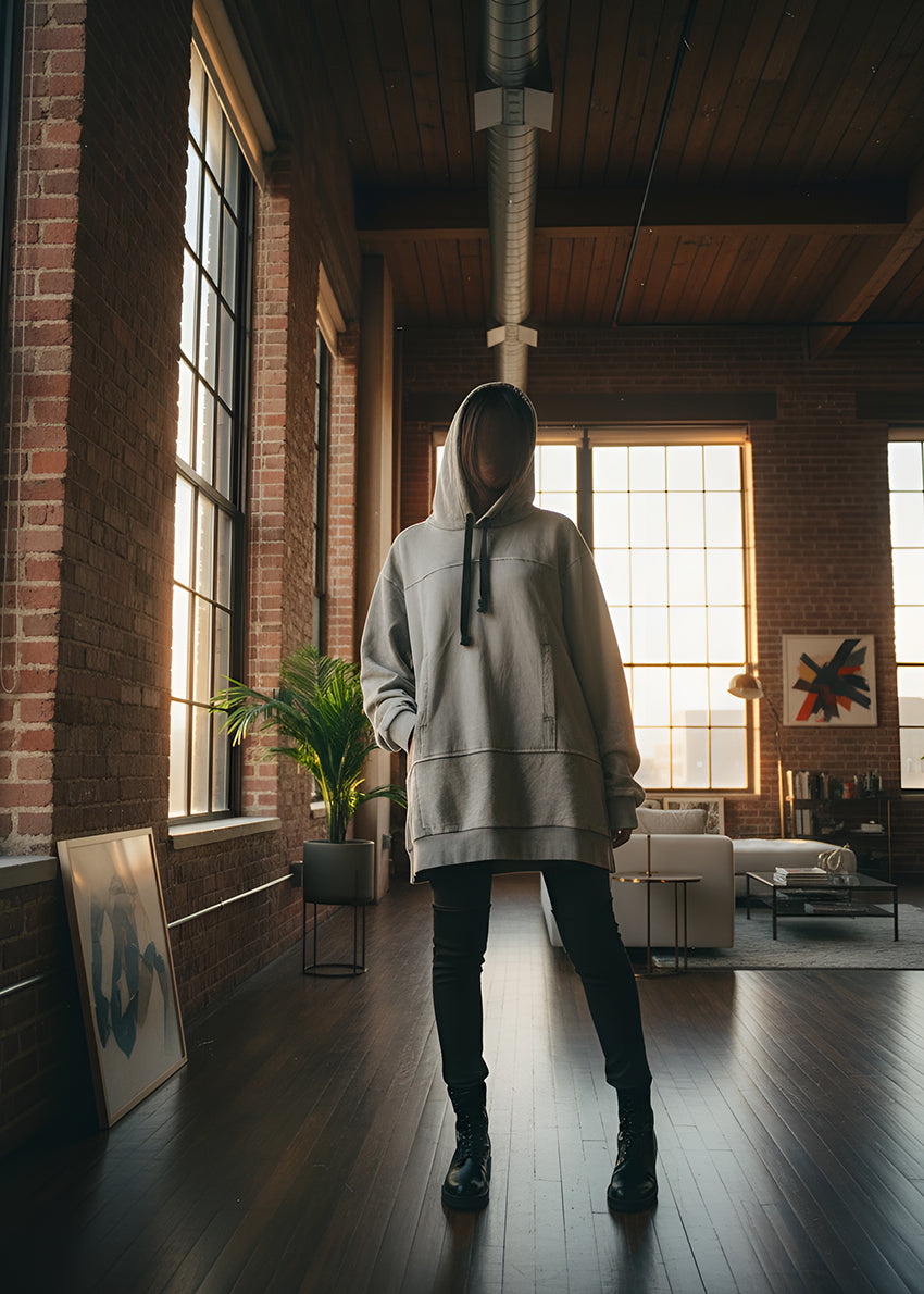 Person wearing a hoodie standing in a modern living room with large windows and exposed brick walls.