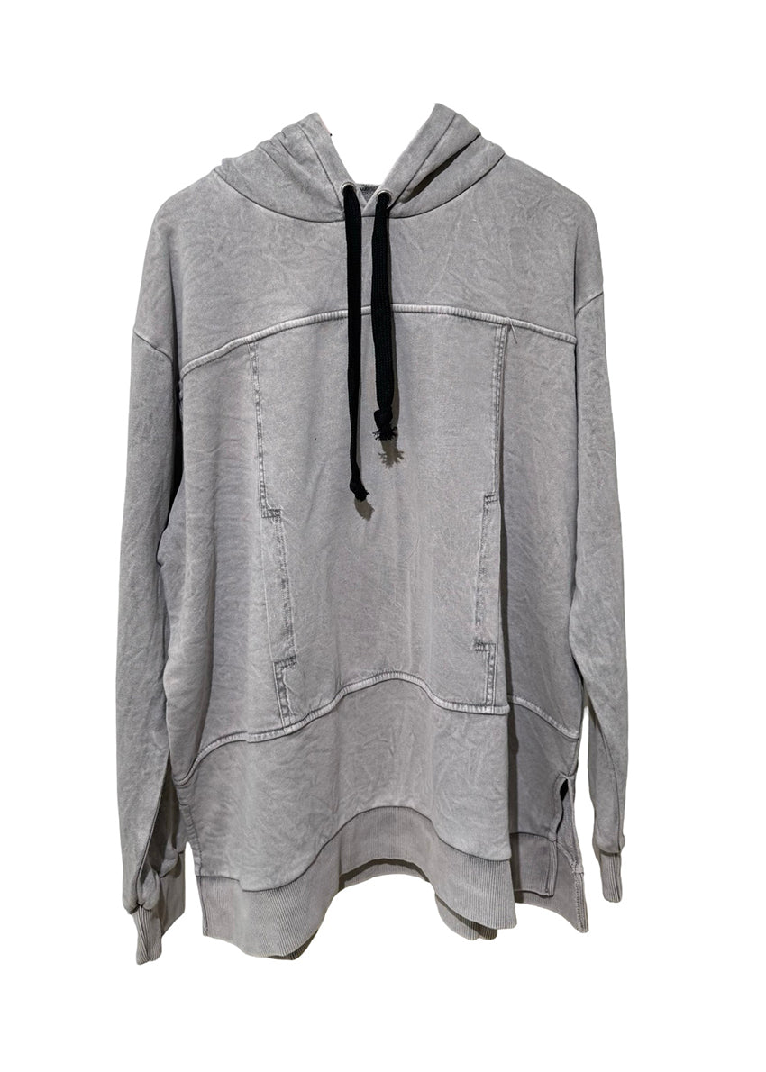 Gray hoodie with a black drawstring on a white background