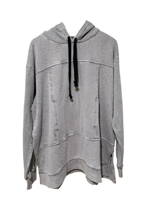 Gray hoodie with a black drawstring on a white background