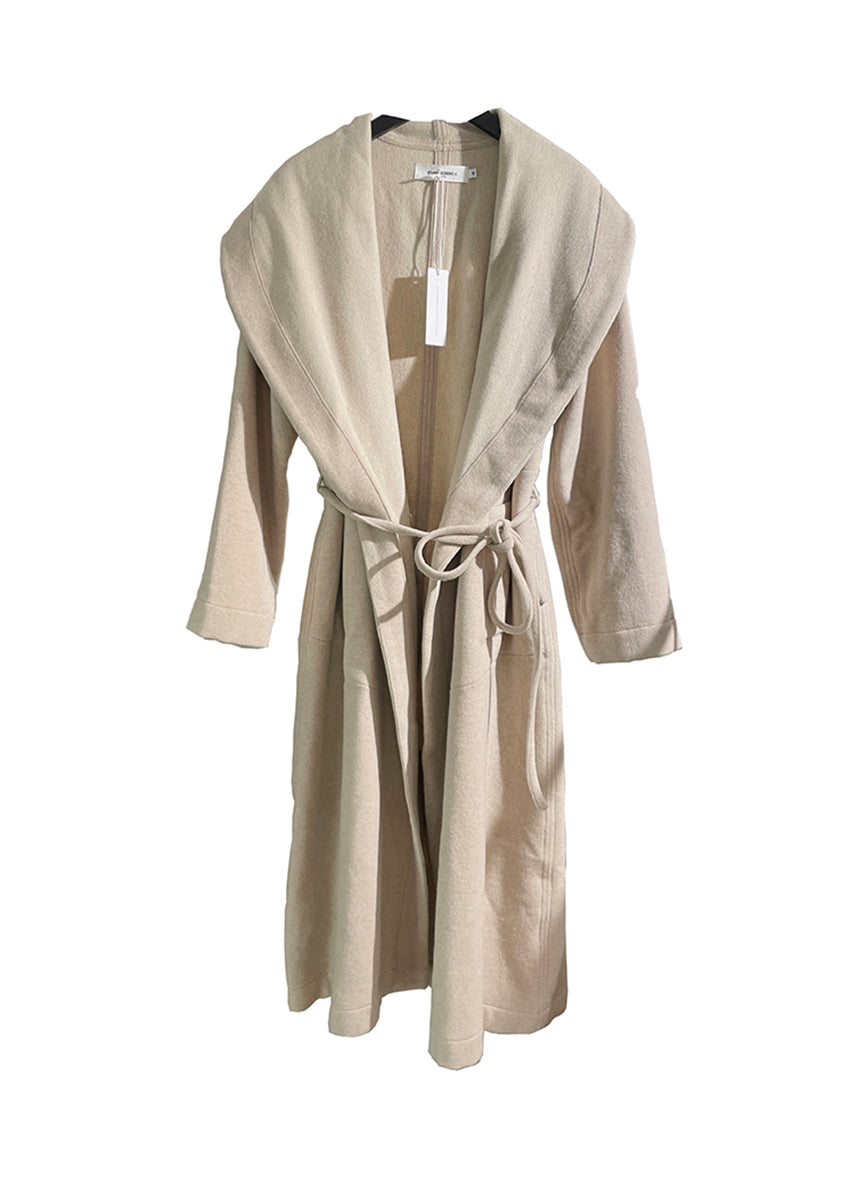A beige wool coat on a white background 