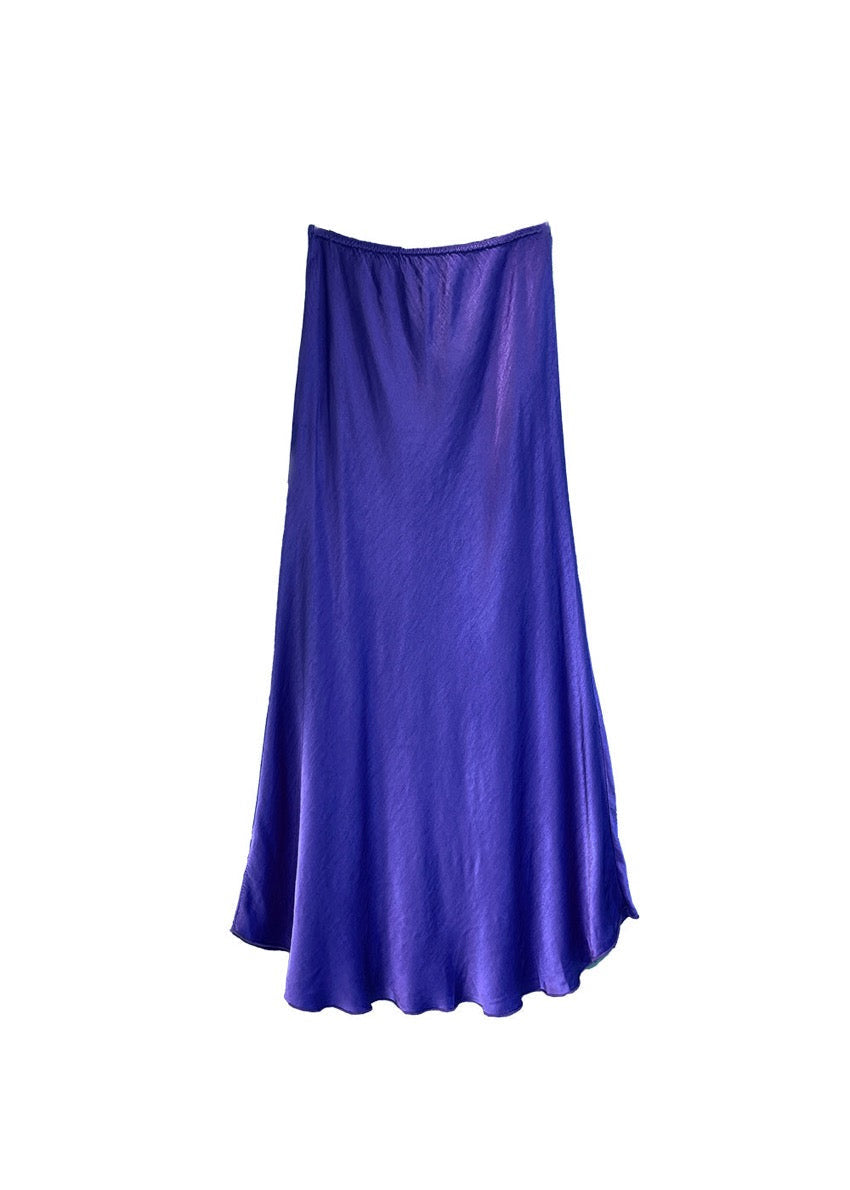 A blue satin midi-length skirt with a high-rise waist and a flaring hem.