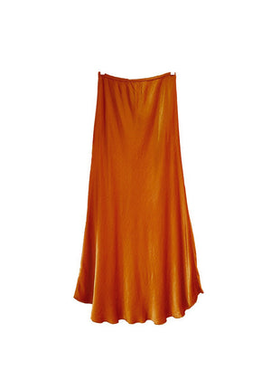 A chocolate satin midi-length skirt with a high-rise waist and a flaring hem.