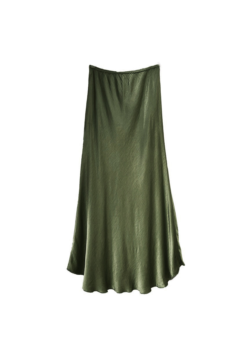 A dark olive green satin midi-length skirt with a high-rise waist and a flaring hem.