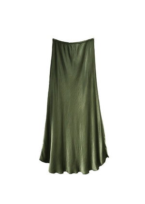 A dark olive green satin midi-length skirt with a high-rise waist and a flaring hem.