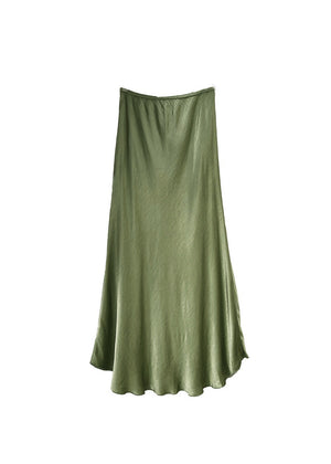 A dark olive green satin midi-length skirt with a high-rise waist and a flaring hem.