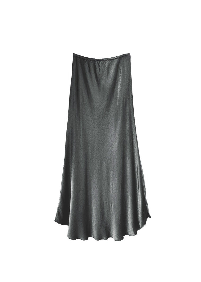 A dim grey satin midi-length skirt with a high-rise waist and a flaring hem.