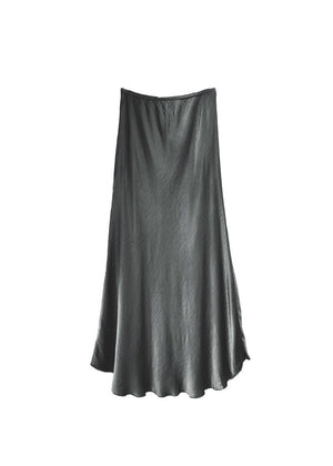 A dim grey satin midi-length skirt with a high-rise waist and a flaring hem.