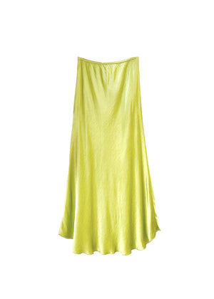 A khaki satin midi-length skirt with a high-rise waist and a flaring hem.