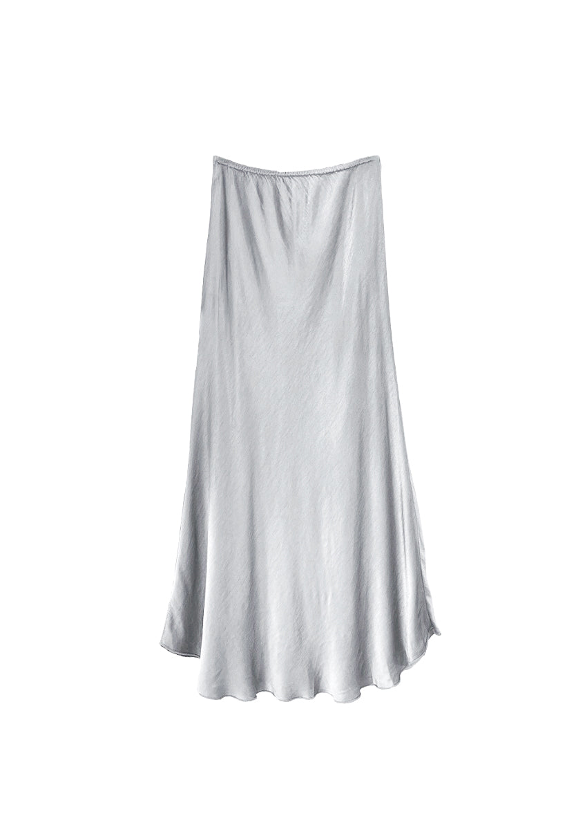 A light grey satin midi-length skirt with a high-rise waist and a flaring hem.