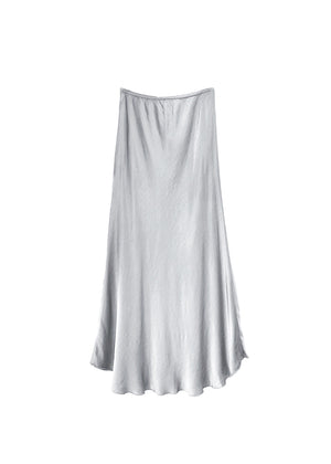 A light grey satin midi-length skirt with a high-rise waist and a flaring hem.
