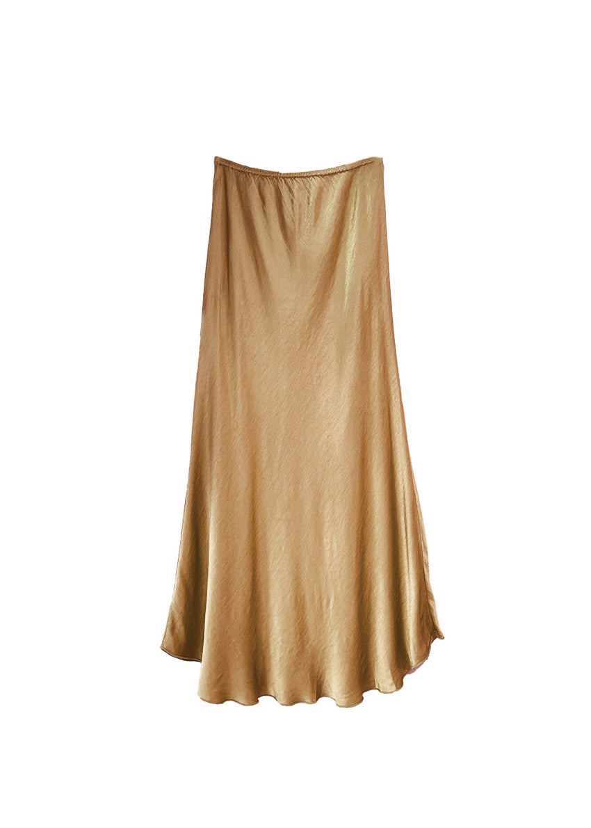 A peru satin midi-length skirt with a high-rise waist and a flaring hem.