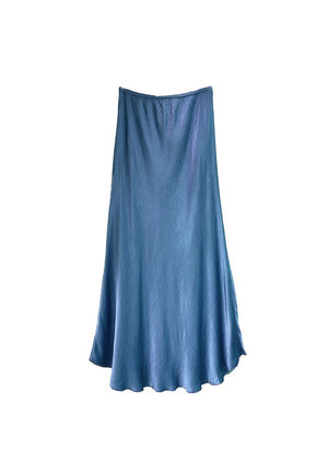 A steel blue satin midi-length skirt with a high-rise waist and a flaring hem.