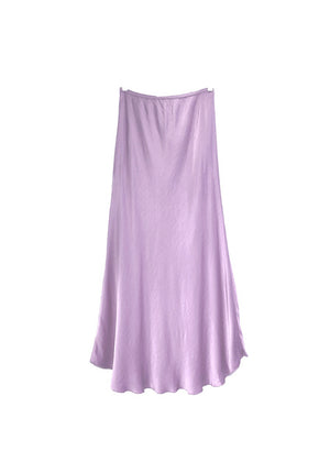 A thistle satin midi-length skirt with a high-rise waist and a flaring hem.