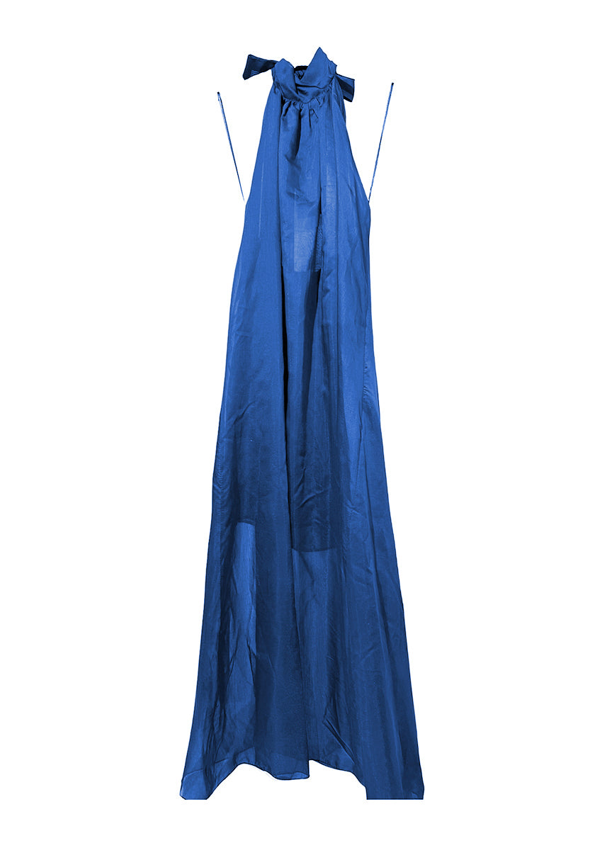 Blue dress with a bow detail on a white background