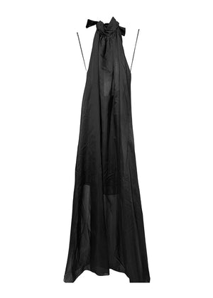 Black dress with a bow detail on a white background