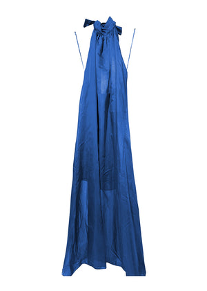 Blue dress with a bow detail on a white background