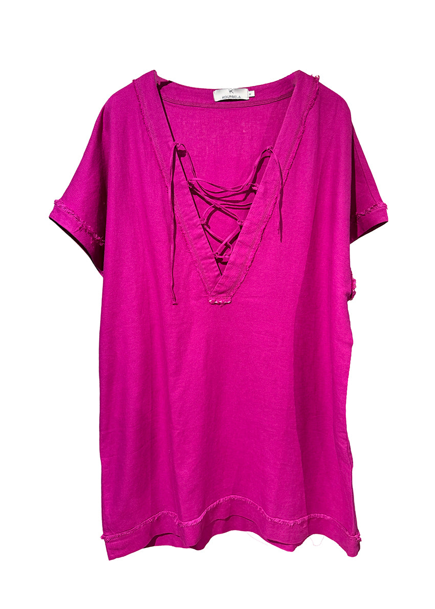 Black t-shirt with lace-up front on a white background