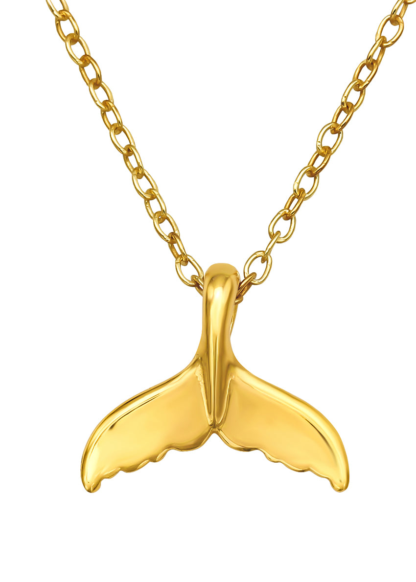 A gold-plated whale's tail necklace with a sterling silver chain.